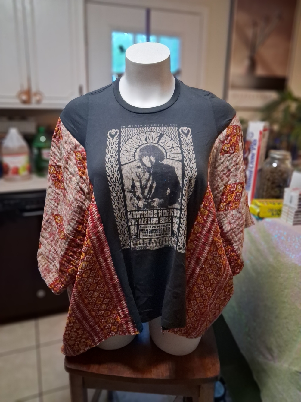 OOAK Upcycled Grateful Dead/Jerry Garcia Poncho With Kantha Sleeves (0-6x)